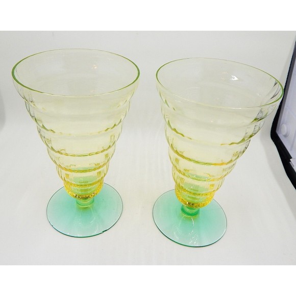 Utility Glass Works Cambodia Ware Vaseline Green Foot Ice Tea Water Goblet Set 4 - Picture 10 of 16